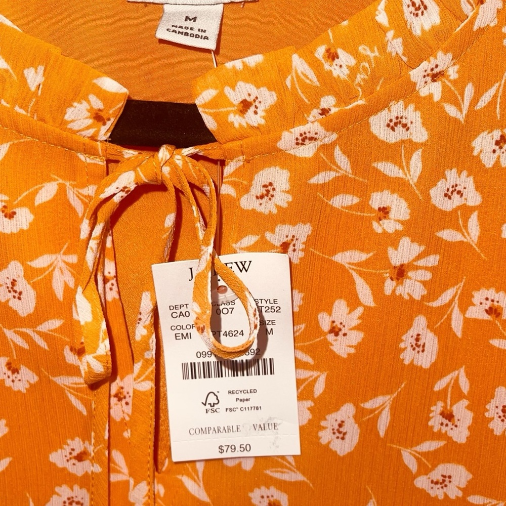 New J.Crew Factory Women's Ruffle Tie-Neck Top  Orange & White Floral - Medium - Picture 4 of 10
